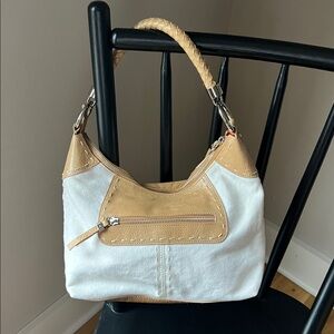 Charles David Vintage Whipstitch Leather & Canvas Hobo Bag - White/Tan